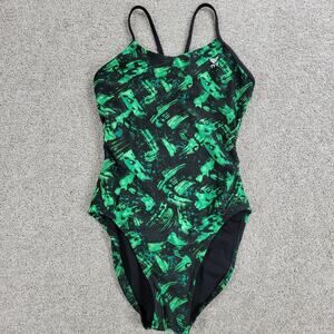 TYR Draco‎ Cutoutfit One Piece Swimsuit Womens 30 Green Abstract Print Low Back